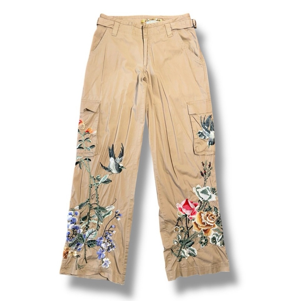 Floral Embroidered Tan Cargo Pants